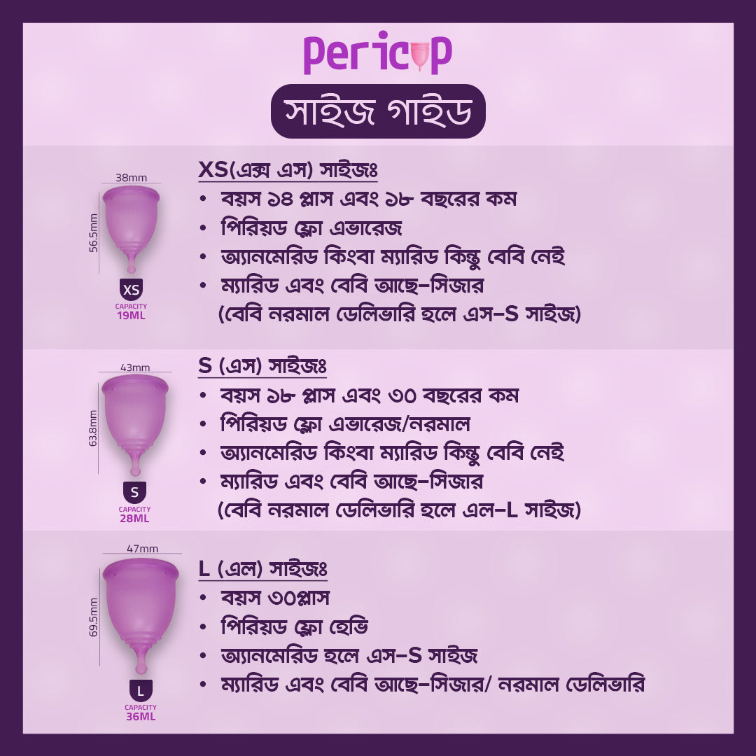 Pericup sizing guide with product illustrations on a purple background