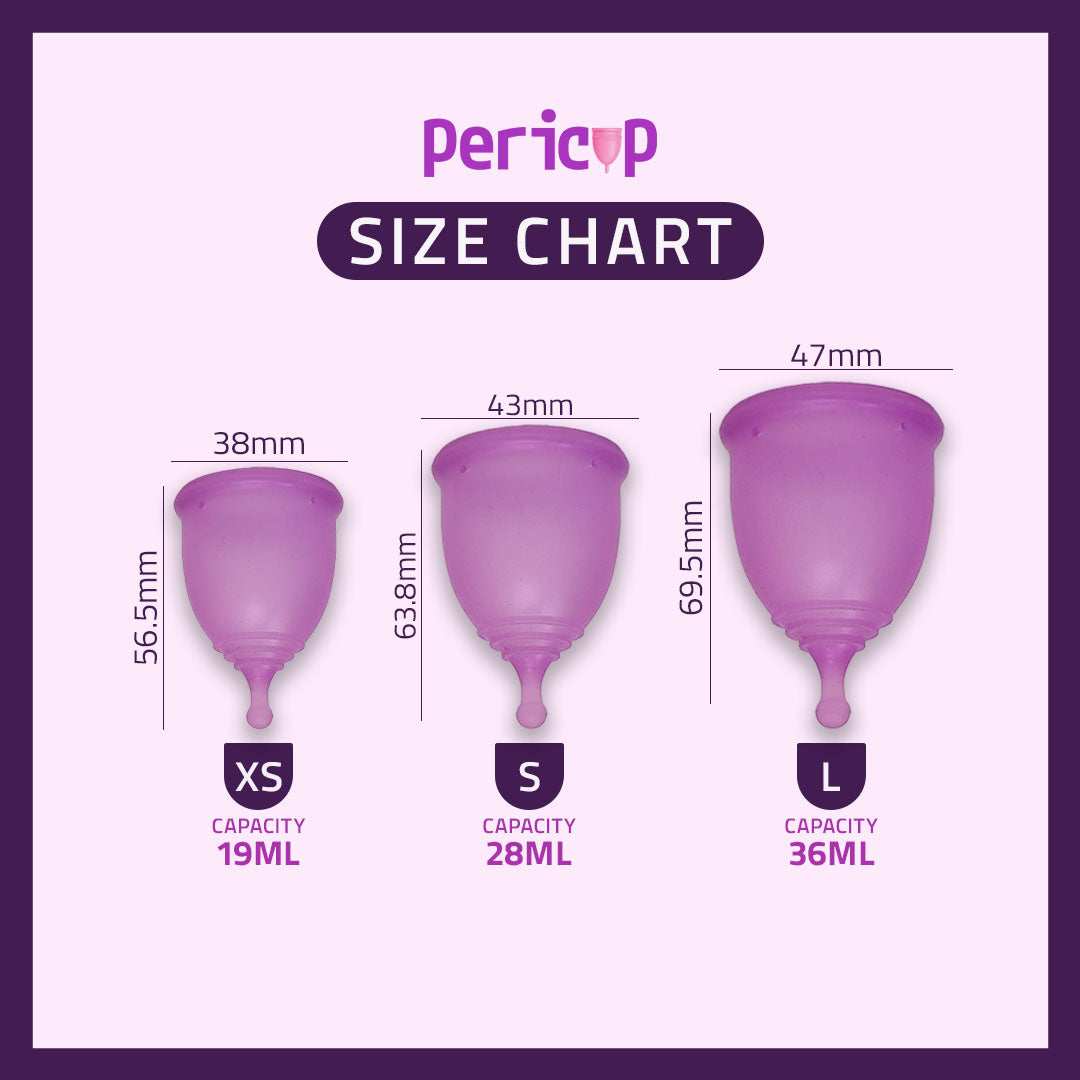Pericup size chart with three purple menstrual cups and measurements on a white background.