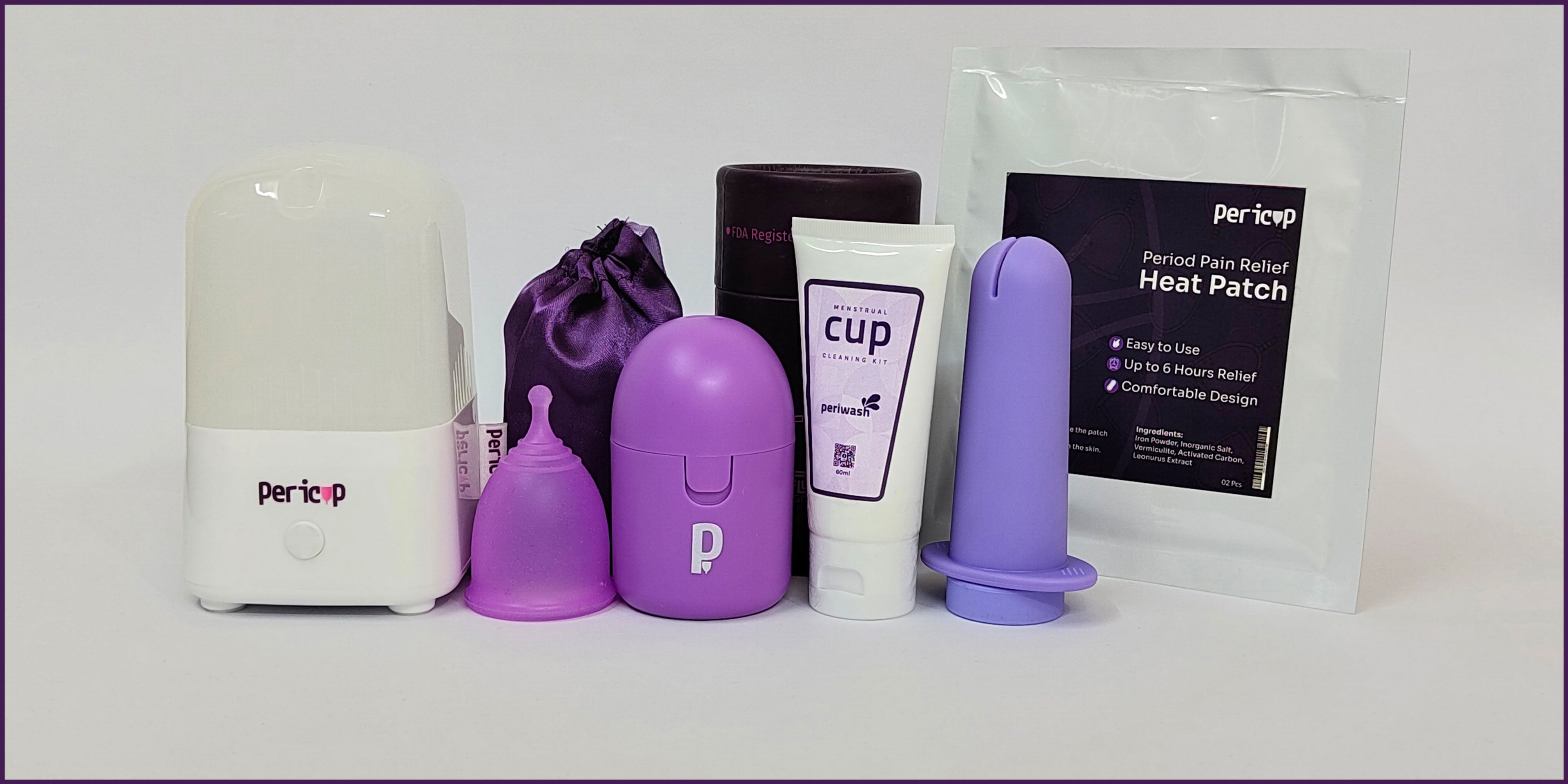Collection of Peripat products including a white device, purple menstrual cup, and other items on a white background.