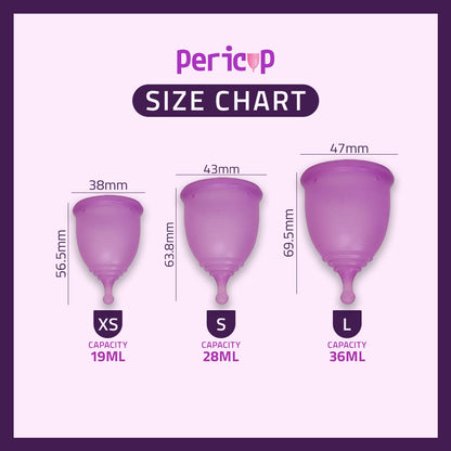 Pericup size chart with three purple menstrual cups and measurements on a white background.