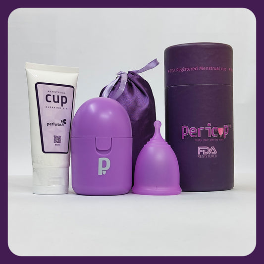 Purple menstrual cup and accessories with 'pericup' branding on a white background